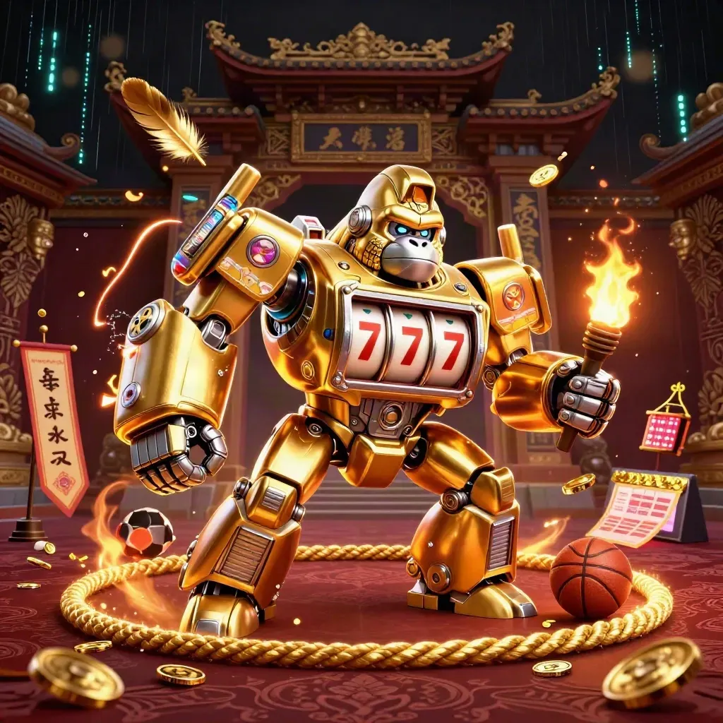 Golden gorilla mech with monkey pilot amid casino sparks, coins, temple gate and sports bet icons.
