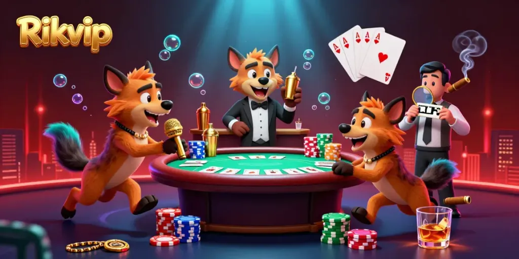 Rikvip comedy casino club scene with hyenas, poker elements, and vibrant casino atmosphere