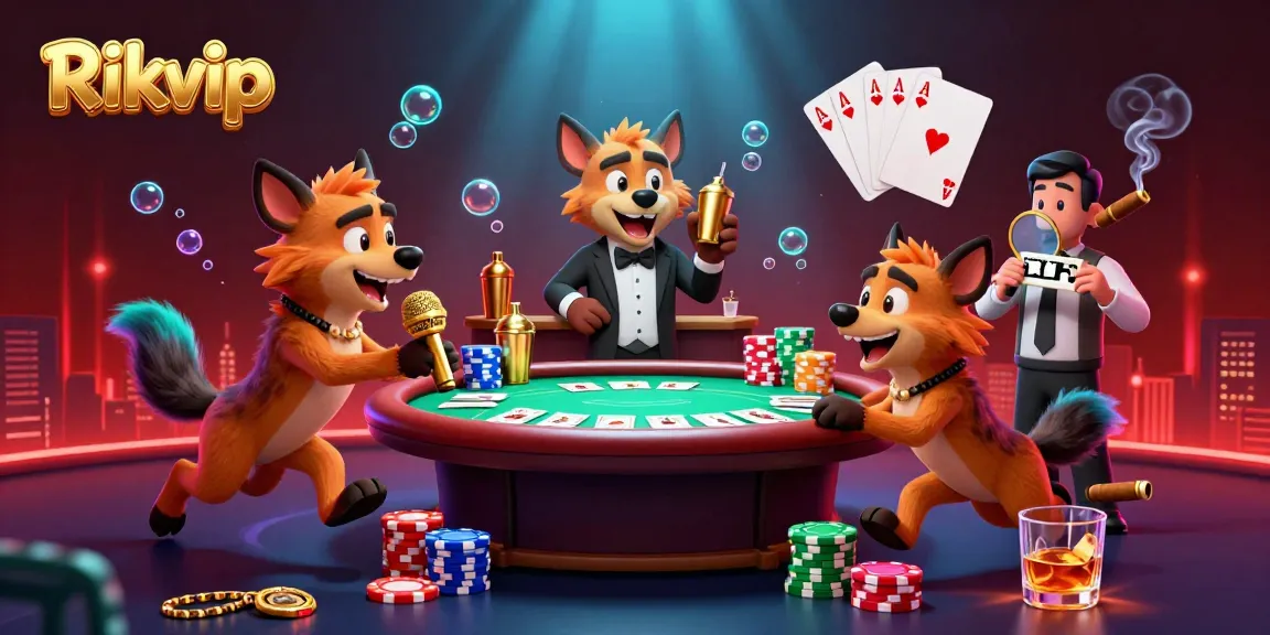 Rikvip comedy casino club scene with hyenas, poker elements, and vibrant casino atmosphere
