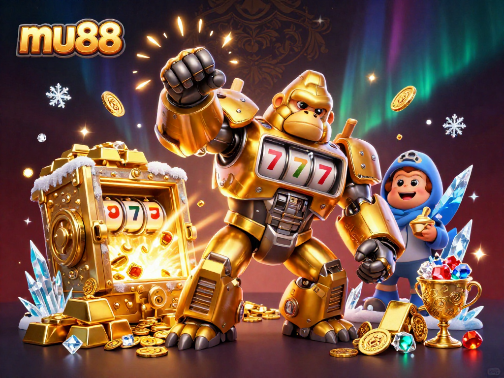 mu88 slots transformation with golden gorilla mech hitting jackpots and gems bursting around