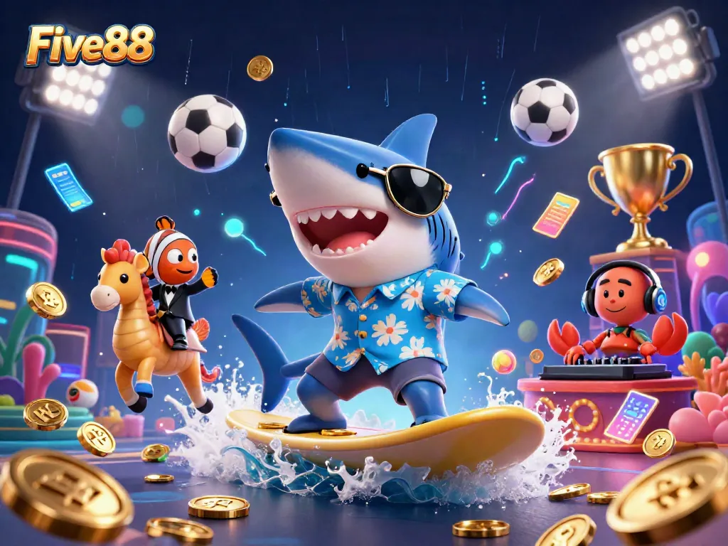 Experience thrilling action with Five88 as a shark surfs gold coins alongside fun characters.