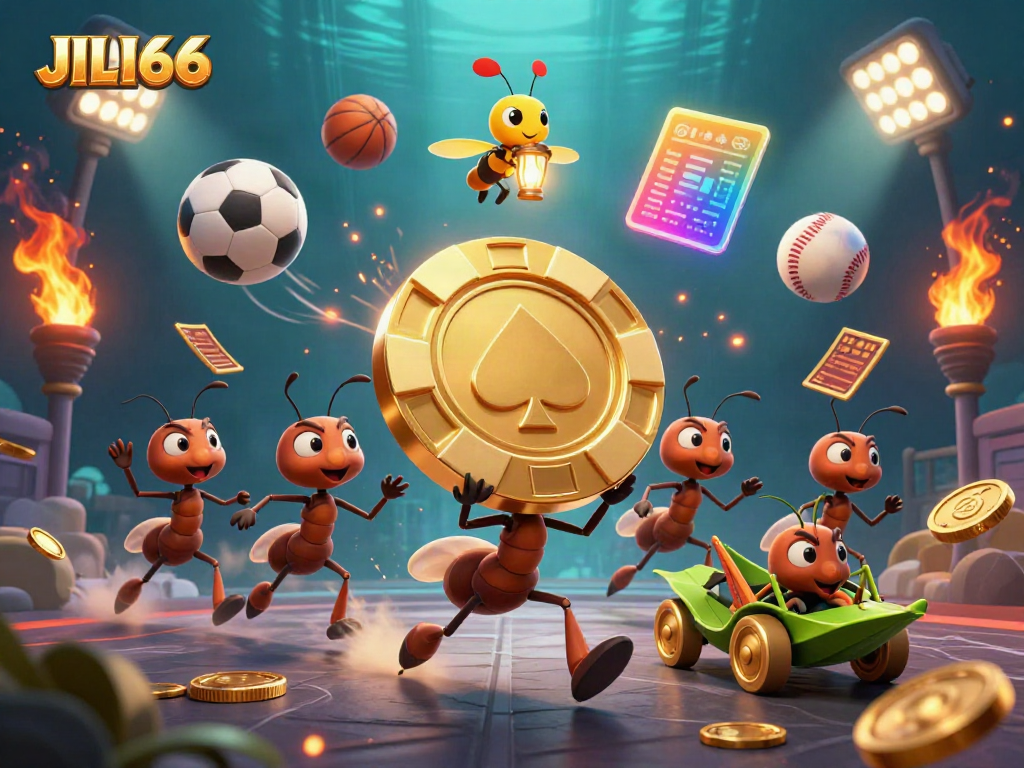 Experience thrilling gameplay at JILI66 with a team of cartoon ants on a heist, surrounded by dynamic casino elements.