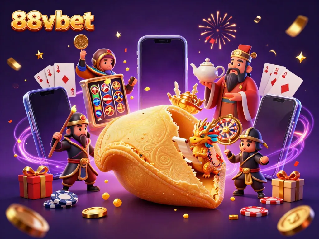 Experience the excitement of 88vbet with a vivid illustration of casino elements and whimsical characters.