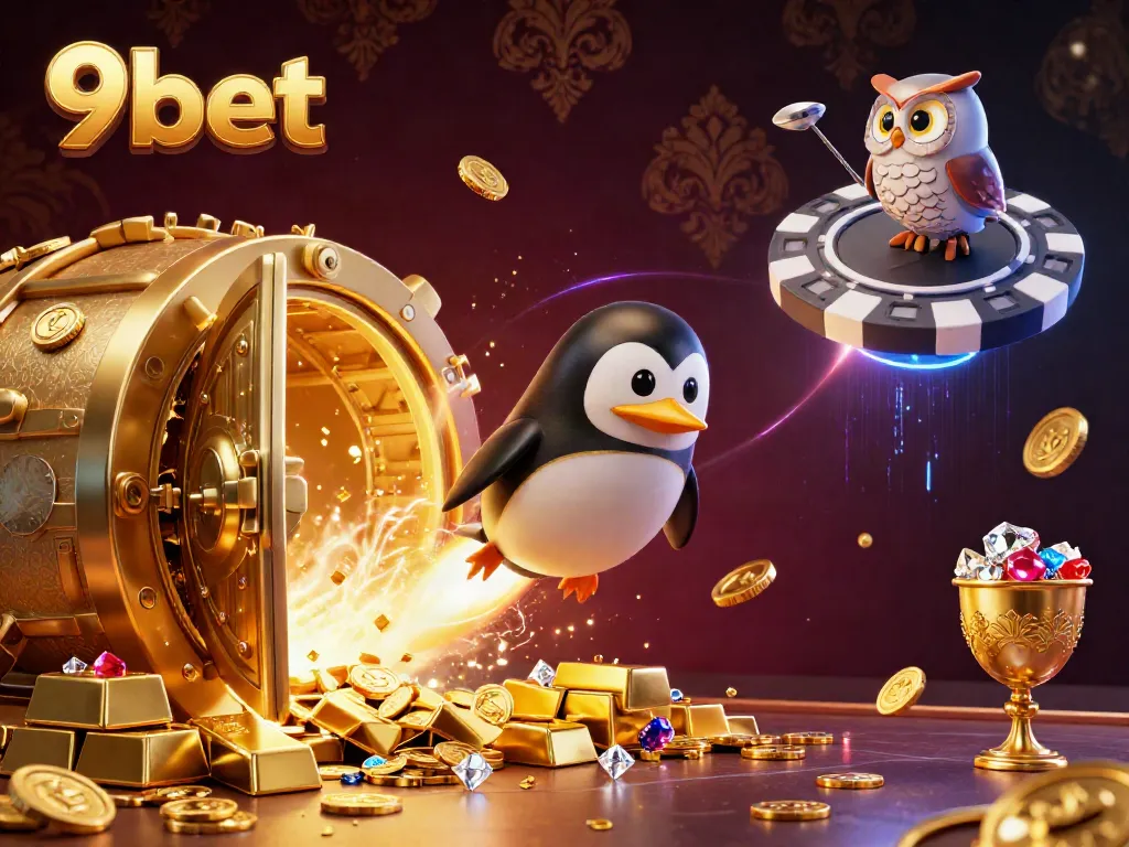 Experience the excitement of winning at 9bet with a dynamic casino-themed 3D illustration featuring gold and gems.