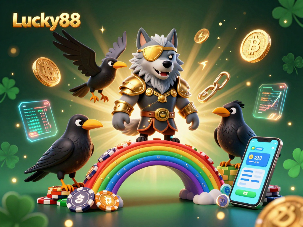 Win big with Lucky88 in this vibrant 3D illustration of crypto casino elements, neon coins, and magical atmosphere.