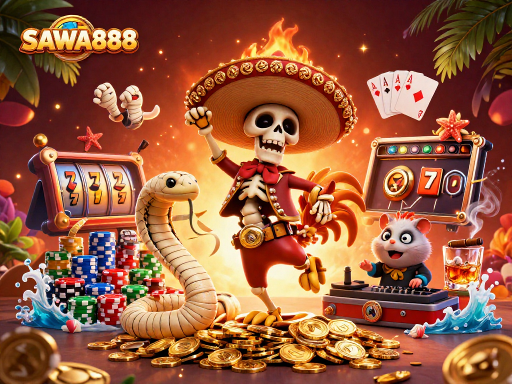 Experience the excitement of SAWA888 with vibrant casino elements featuring slot reels and colorful characters.
