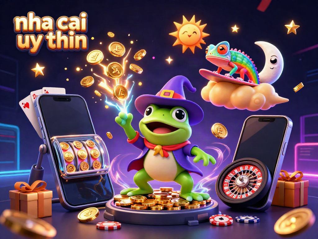 Exciting scene featuring nha cai uy tin, where a wizard frog conjures coins amidst casino-themed elements.