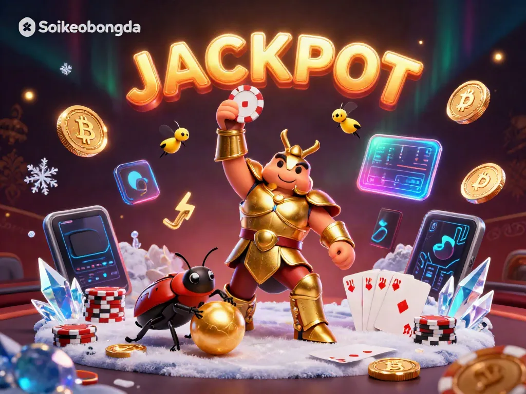 Engage with Soikeobongda as a 3D beetle champion celebrates a winning poker moment.