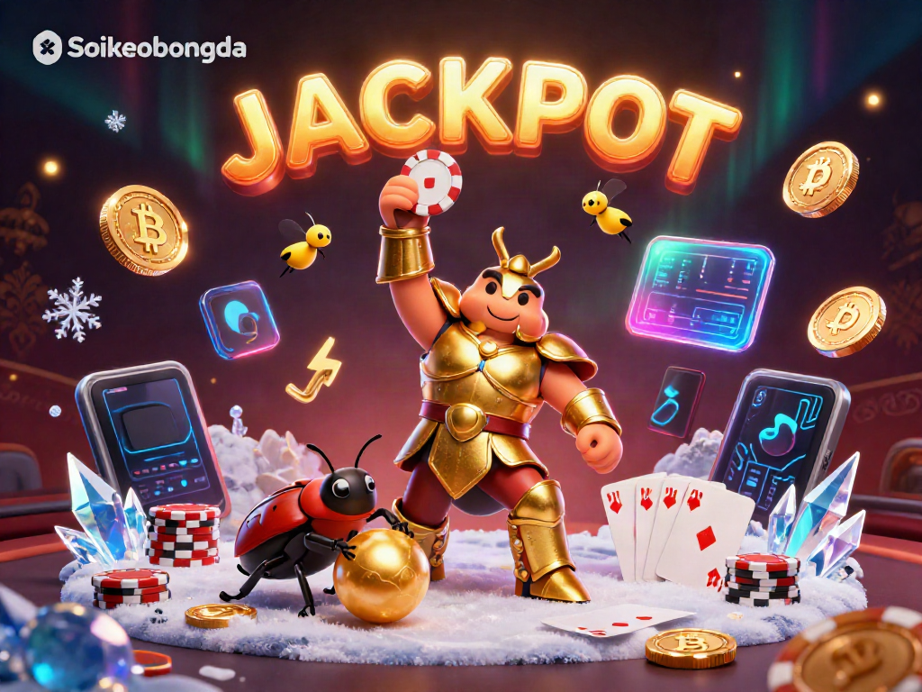 Engage with Soikeobongda as a 3D beetle champion celebrates a winning poker moment.