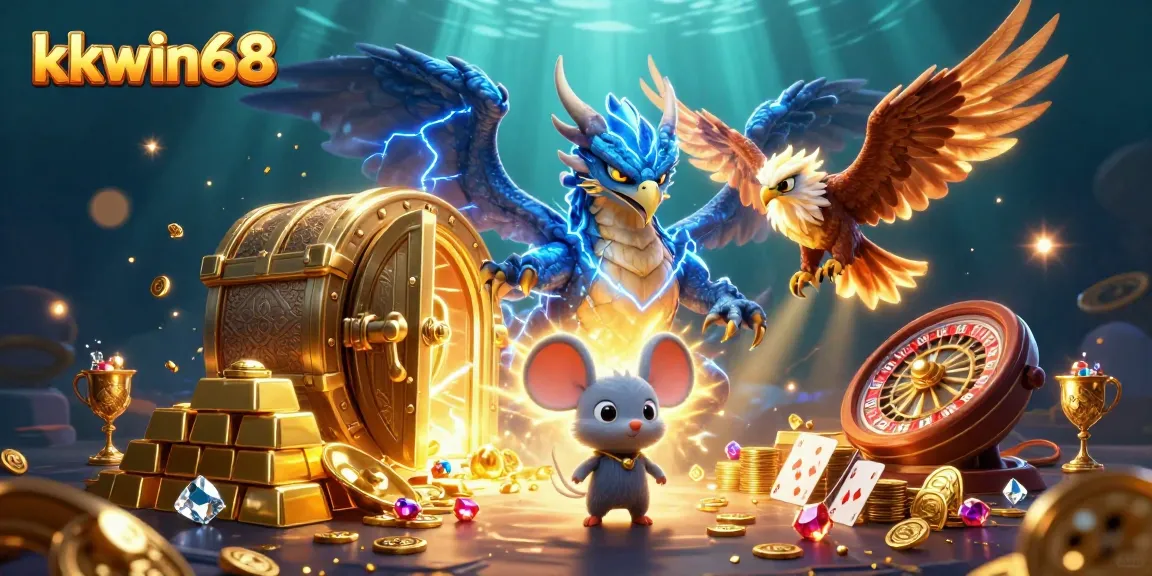 Experience the thrill of kkwin68 with a dynamic casino scene filled with treasure and gaming excitement.