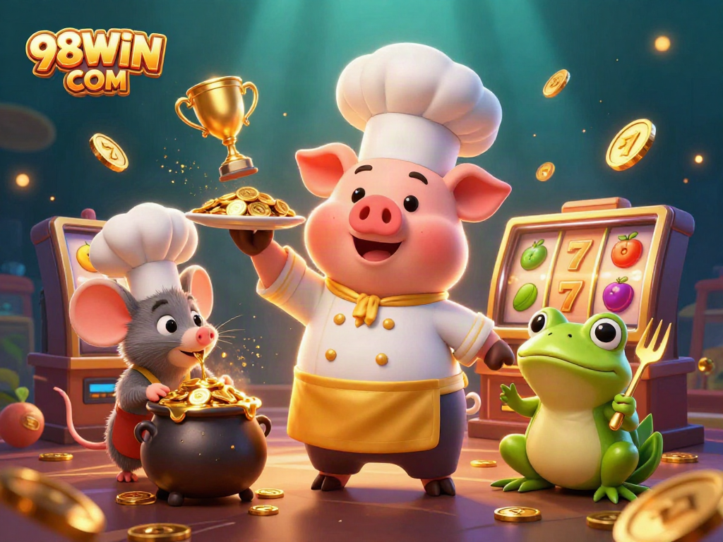 Excite with 98WIN COM as the chef pig serves golden coins in a lively casino illustration.