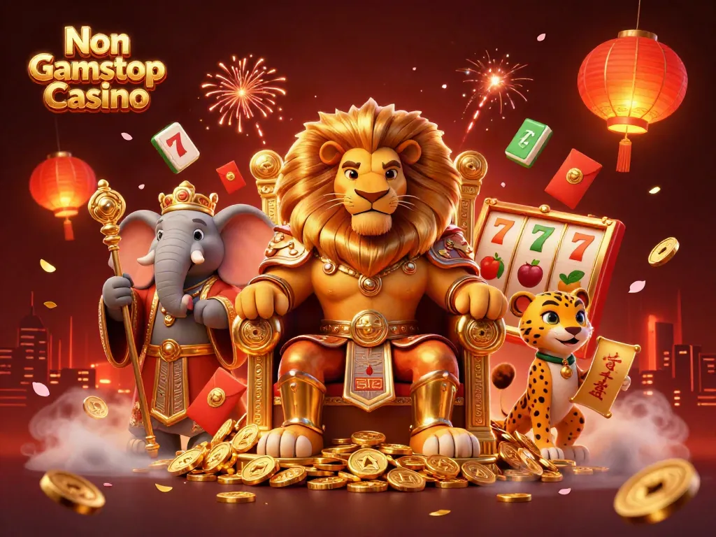 Experience a vibrant Non Gamstop Casino scene with a lion king, elephant advisor, and cheetah messenger surrounded by dynamic gaming elements.
