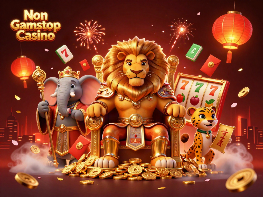 Experience a vibrant Non Gamstop Casino scene with a lion king, elephant advisor, and cheetah messenger surrounded by dynamic gaming elements.