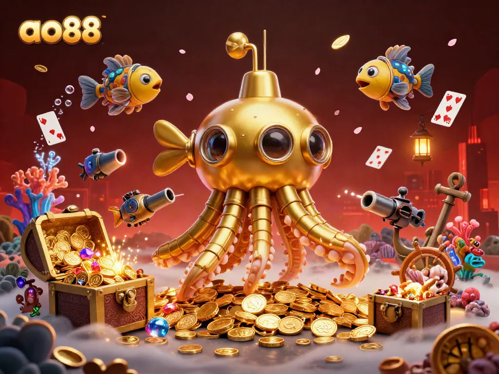 Engage with ao88 as you explore an immersive underwater casino adventure featuring a golden kraken and treasure chests.