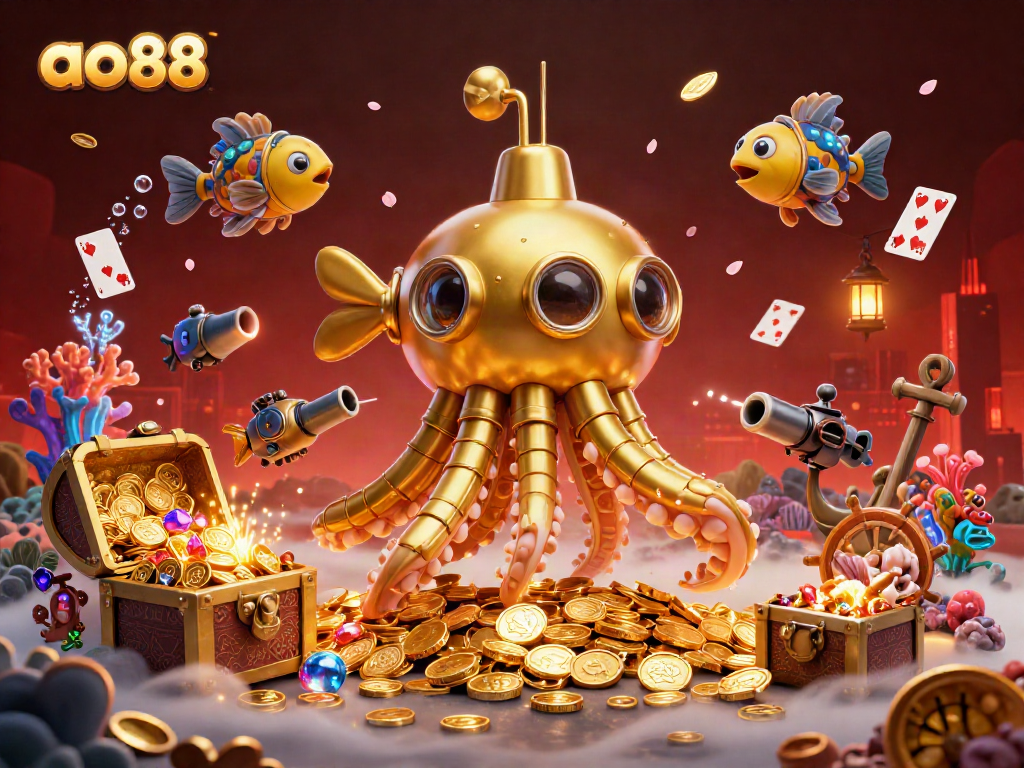 Engage with ao88 as you explore an immersive underwater casino adventure featuring a golden kraken and treasure chests.