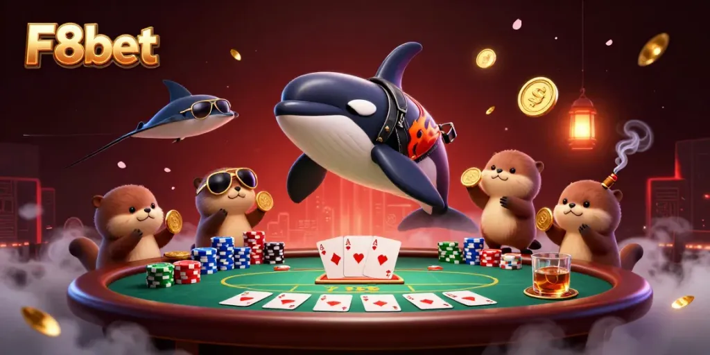 Experience F8bet excitement with animated characters celebrating poker victories amidst vibrant casino details.
