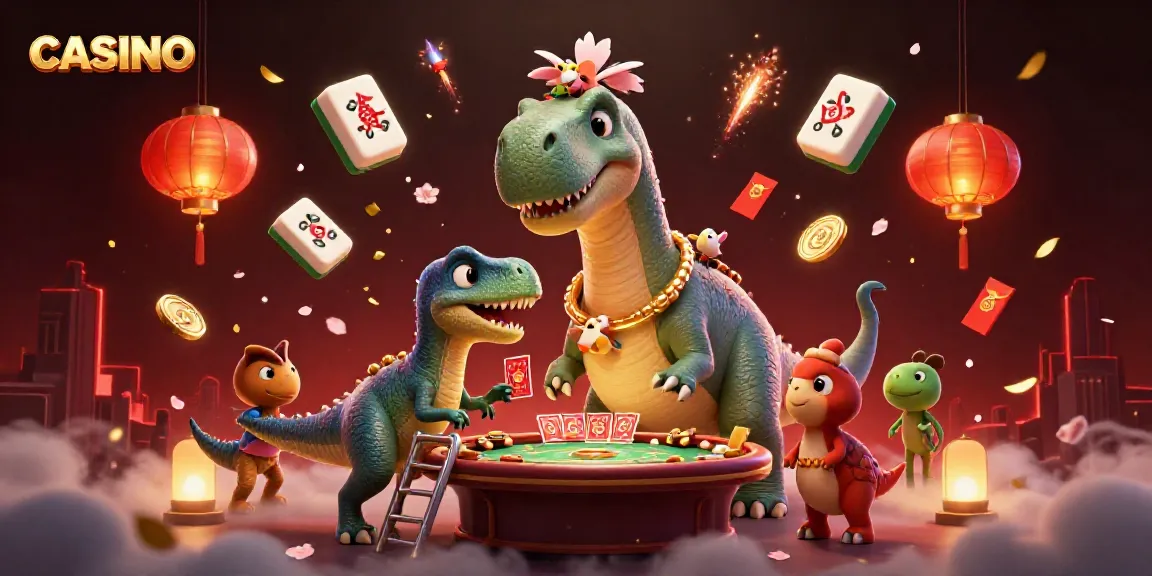 Experience a whimsical CASINO scene with a giant brontosaurus and a raptor dealing cards among festive decorations.