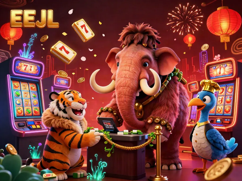 Experience thrilling EEJL casino action with vibrant characters and dynamic slot game elements in a festive atmosphere.