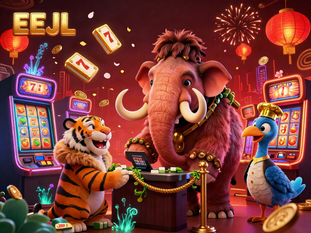 Experience thrilling EEJL casino action with vibrant characters and dynamic slot game elements in a festive atmosphere.