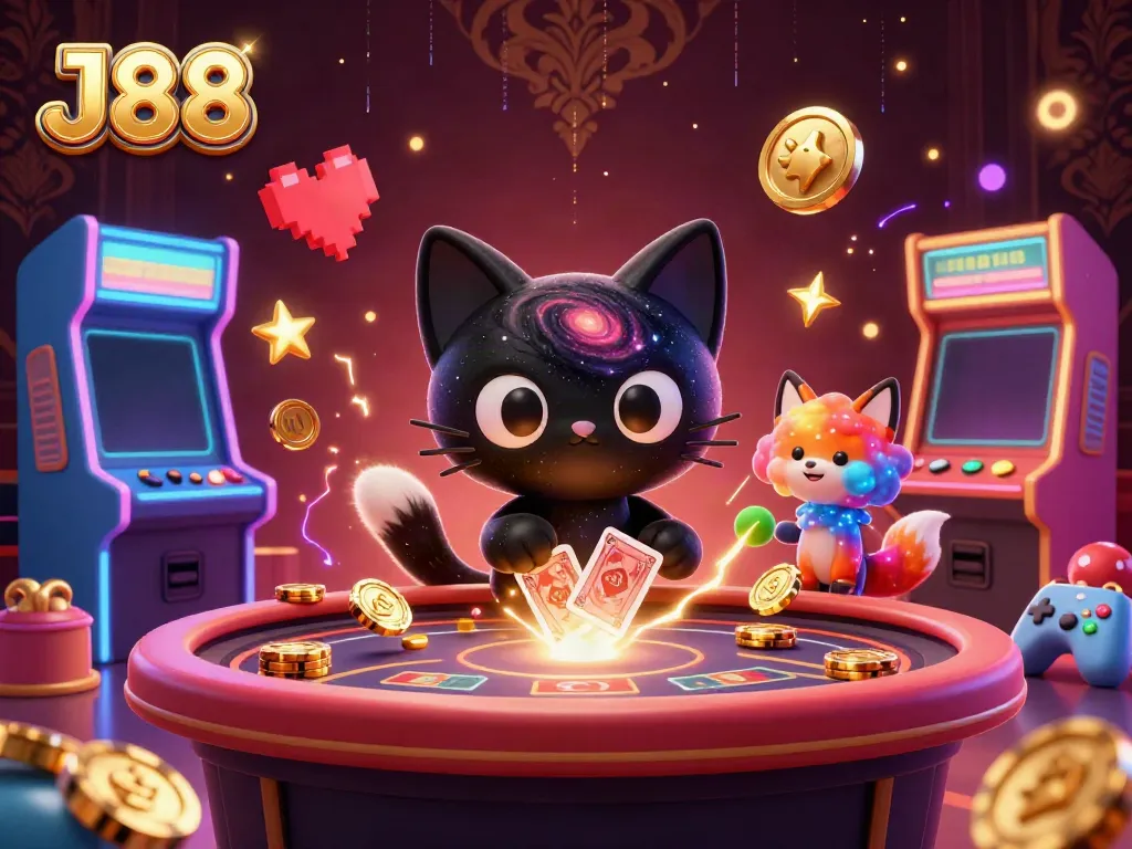 Experience the cosmic charm and excitement of J88 at a vibrant casino table with engaging characters.