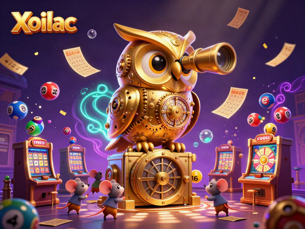 Xoilac casino scene with a golden owl and lively mouse patrons enjoying a vibrant gaming atmosphere.
