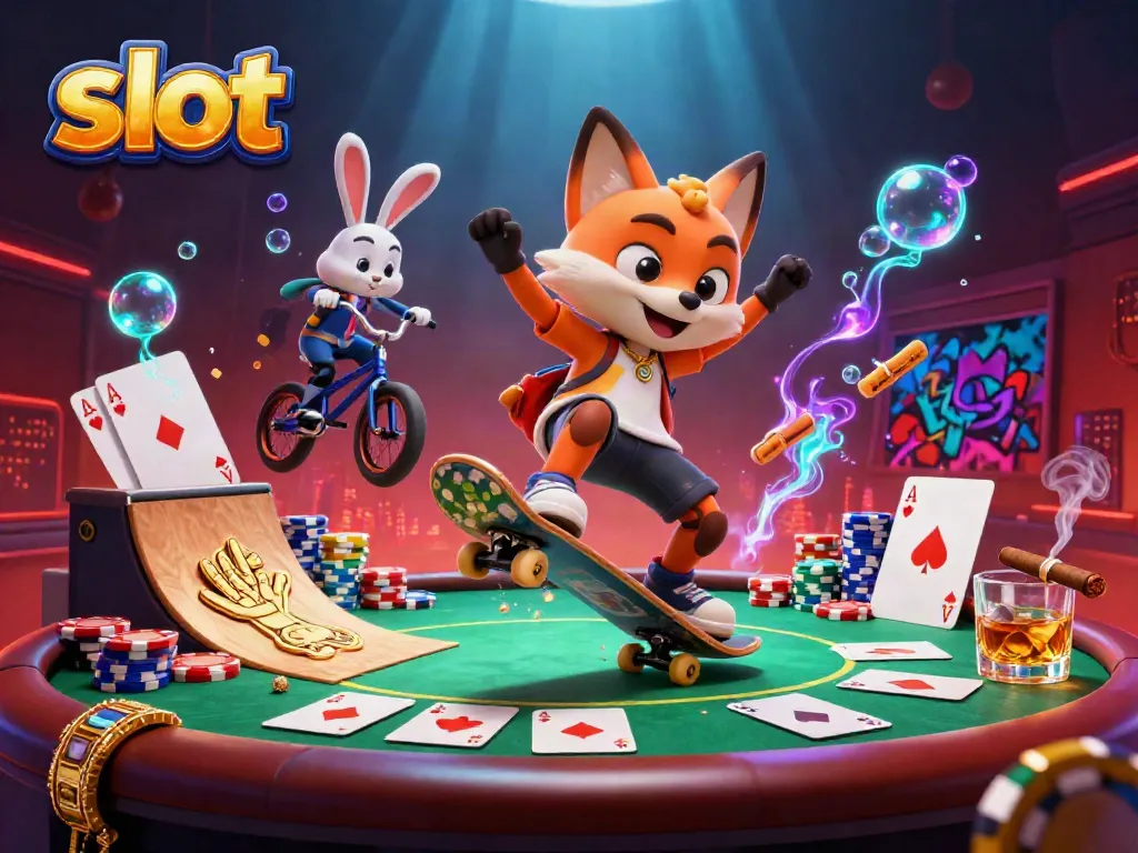 Experience the thrill of slot gameplay with 3D characters flipping and showcasing poker chips and cards.