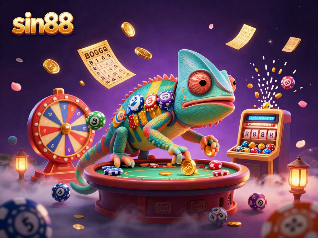 Experience thrilling gaming action with sin88, featuring a vibrant chameleon casino owner amidst colorful elements.