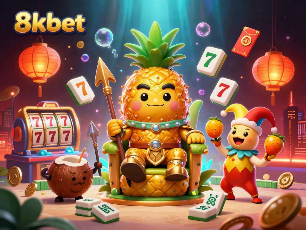 Engage with the vibrant 8kbet beach casino scene featuring character interactions among gambling elements and festive decorations.