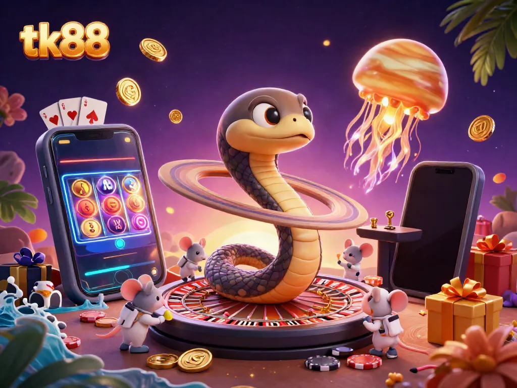 Experience thrilling cosmic betting with tk88 as casino characters engage in an interstellar game.