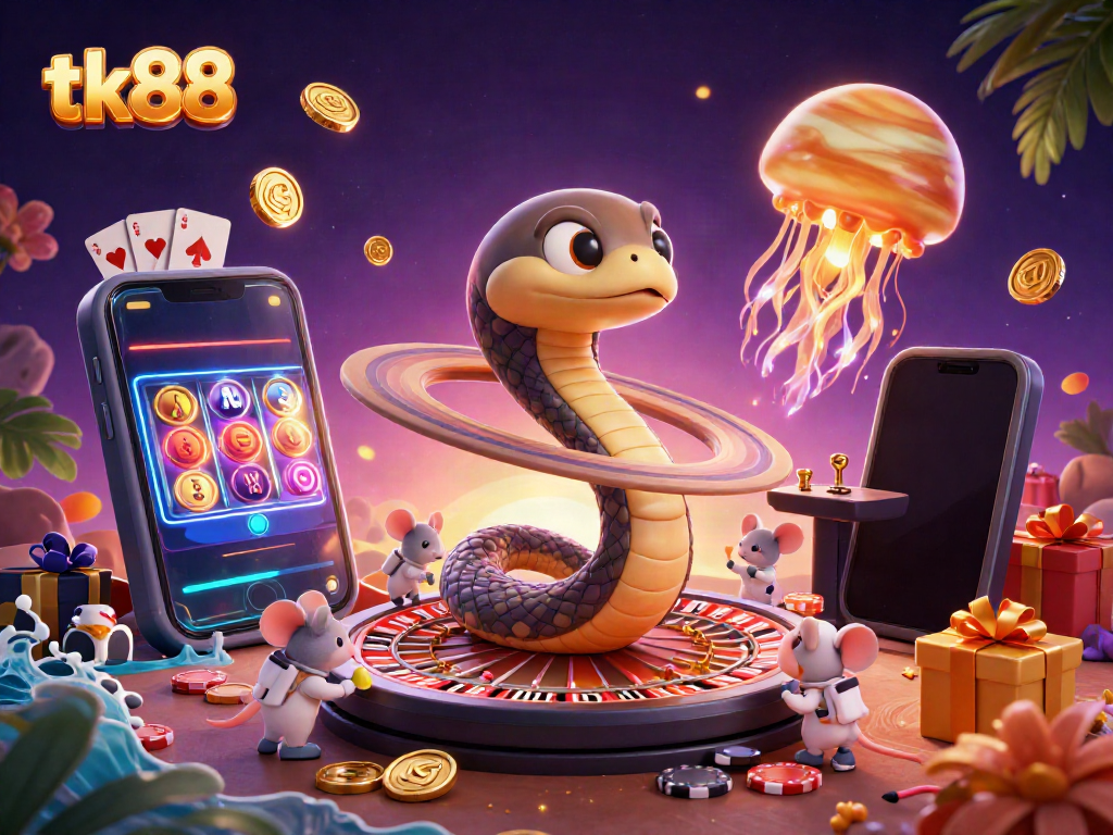 Experience thrilling cosmic betting with tk88 as casino characters engage in an interstellar game.