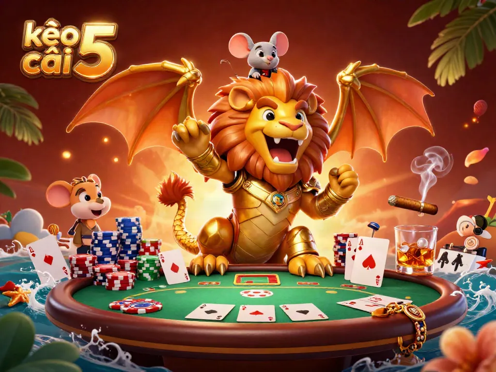 Engage with kèo nhà cái 5, a thrilling casino illustration featuring a chimera and poker elements.