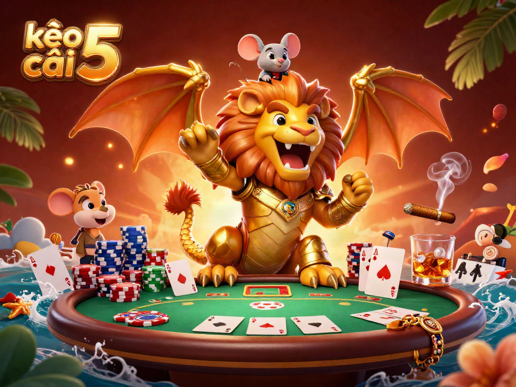 Engage with kèo nhà cái 5, a thrilling casino illustration featuring a chimera and poker elements.
