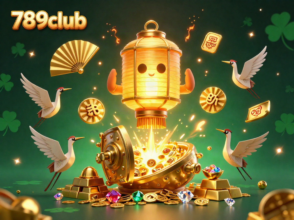 Immerse in the vibrant world of 789club, featuring a magical 3D scene of a golden lantern spirit, surrounded by riches.