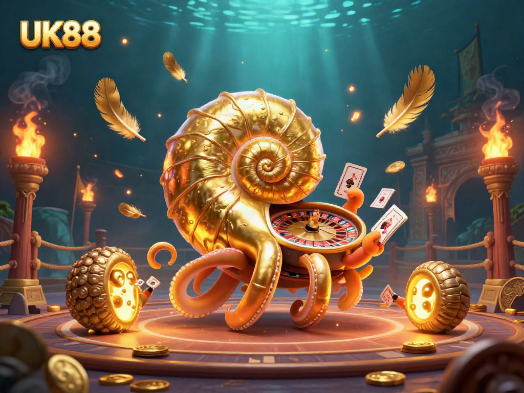 Experience thrilling games at UK88 with a giant nautilus roulette wheel and glowing ammonite companions.
