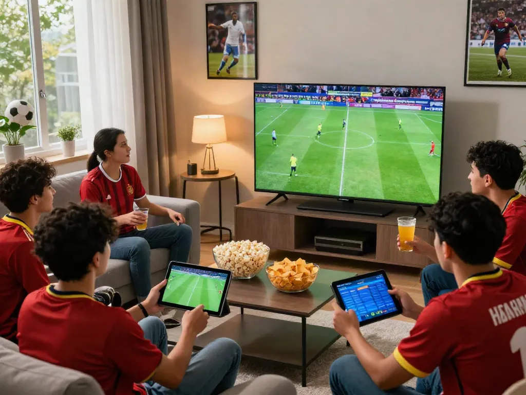 Friends enjoying a live football match at socolive, with snacks and drinks in a cozy living room.
