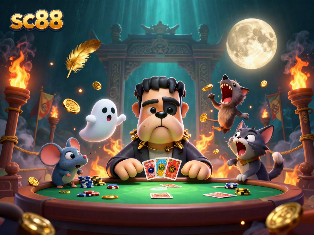 Experience thrilling games at SC88 with a whimsical Frankenstein bulldog dealer and unique fantasy elements.