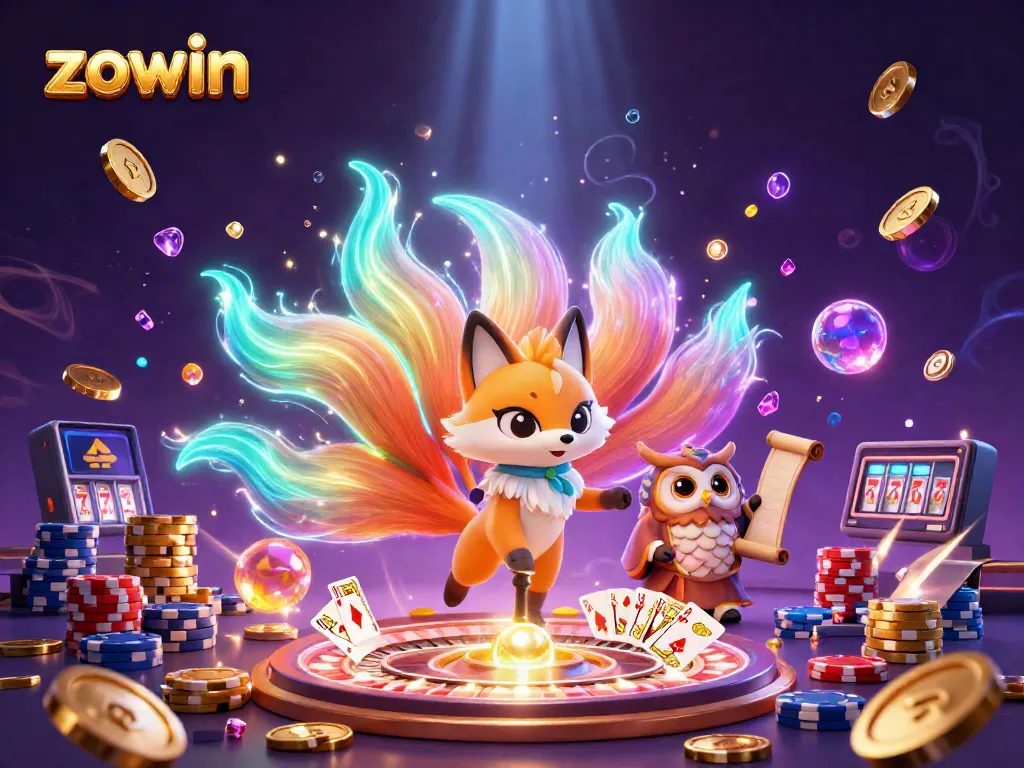 Engage in thrilling gameplay with the dazzling Zowin scene showcasing colorful characters in a vibrant casino atmosphere.