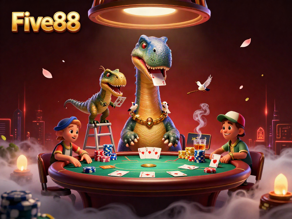 Experience action at Five88 with playful dinosaurs in a lively casino setting, stacked poker chips, and vibrant game elements.
