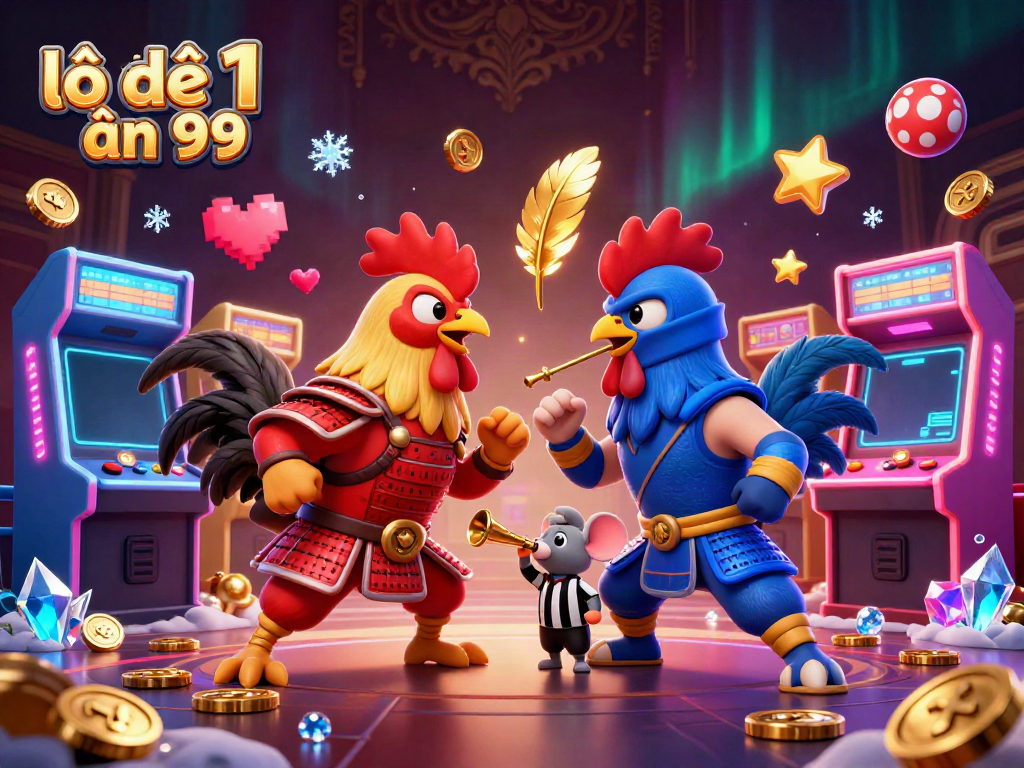 Experience lô đề 1 ăn 99 with engaging 3D cartoon roosters in a vibrant gaming environment.