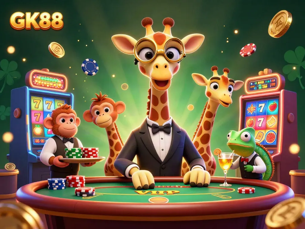 Win big at GK88 with a high-roller giraffe at a poker table amidst colorful slot machines.