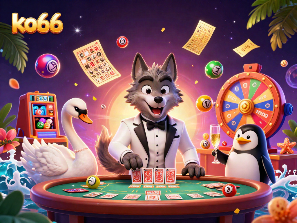 Engage in exciting baccarat with ko66's dynamic casino scene featuring a stylish wolf, elegant swan, and sophisticated penguin.