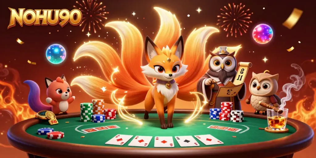Experience the vibrant magic of NOHU90 with a colorful casino-themed illustration featuring lively characters and poker elements.