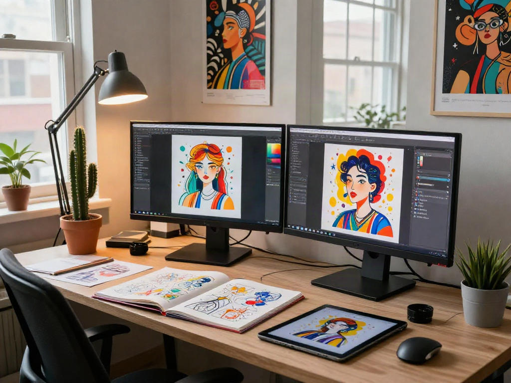 NSFW AI illustration design scene with vibrant artwork, tools, and inspiring atmosphere