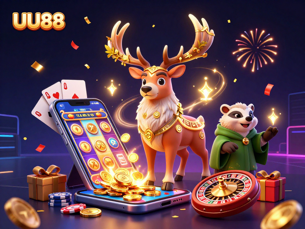 Spin the reels with UU88 in this vibrant casino illustration, showcasing games and jackpots.