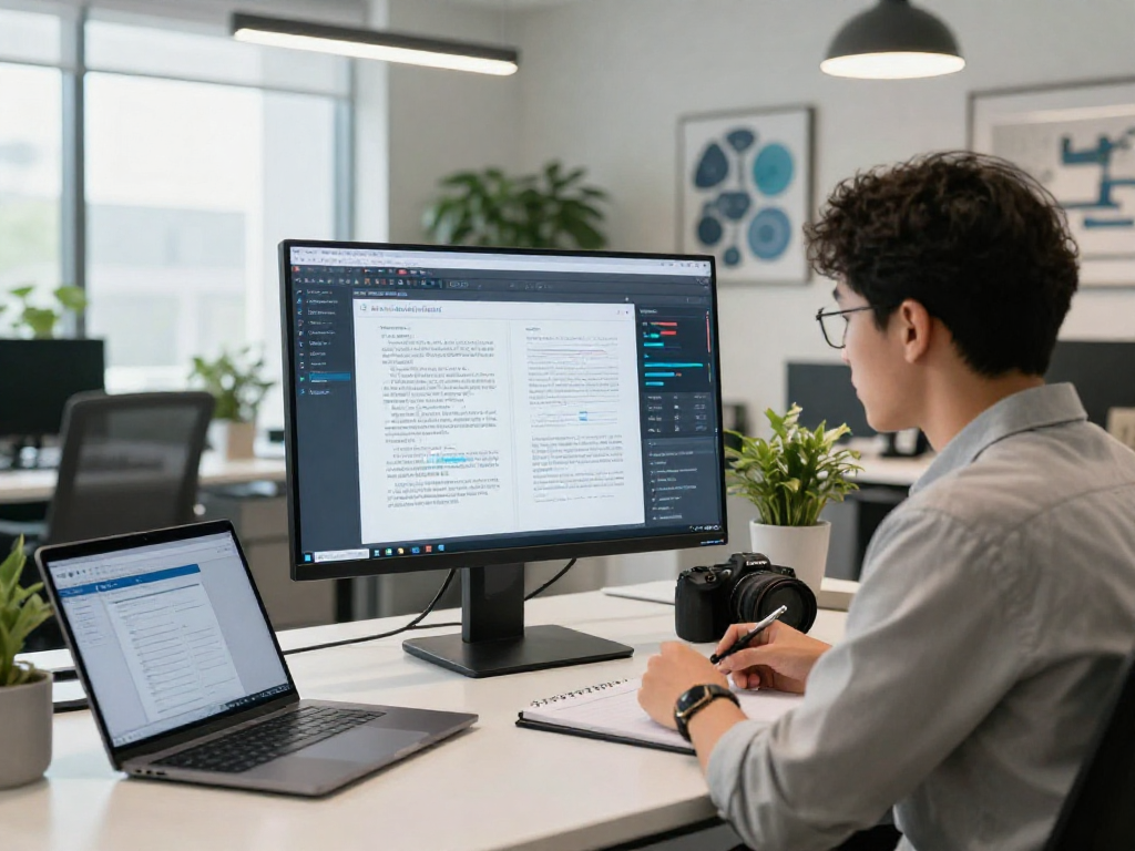 Analyst using advanced software for document fraud detection in a modern office environment.