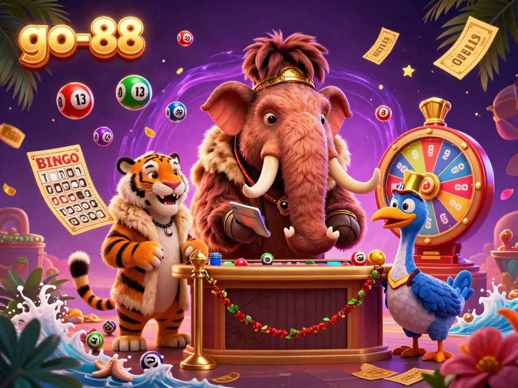 Engage in thrilling gameplay at go-88 with a vibrant 3D illustration showcasing a woolly mammoth bouncer and exciting lottery elements.