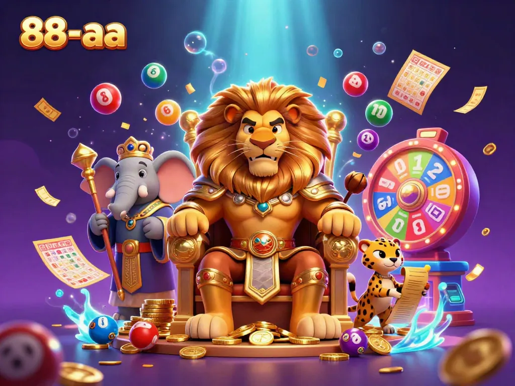 Experience the excitement of 88-aa with a vibrant casino scene featuring a lion king and dynamic elements.