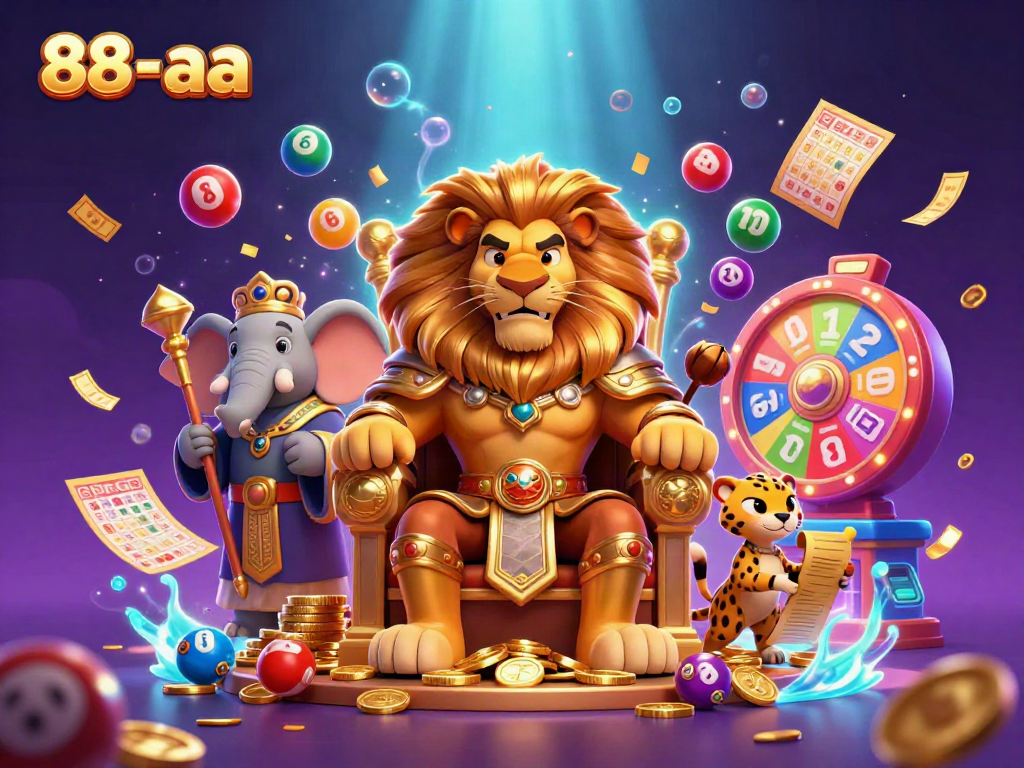 Experience the excitement of 88-aa with a vibrant casino scene featuring a lion king and dynamic elements.