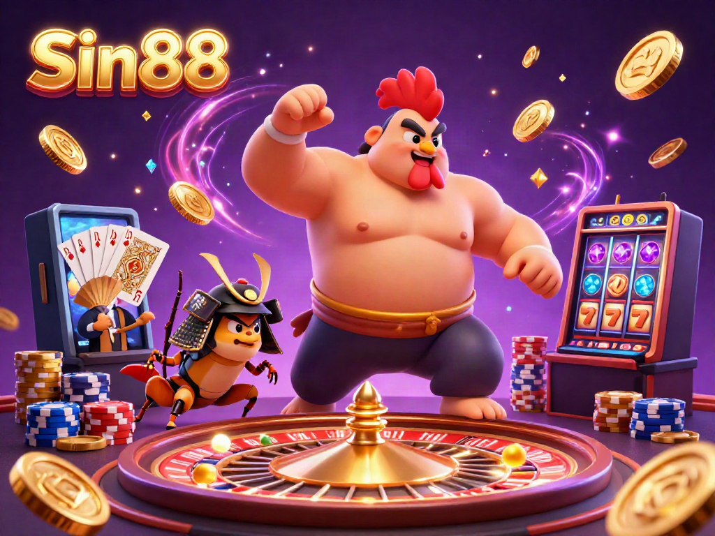 Experience winning thrills with Sin88's dynamic online casino atmosphere featuring vibrant characters and sparkling elements.