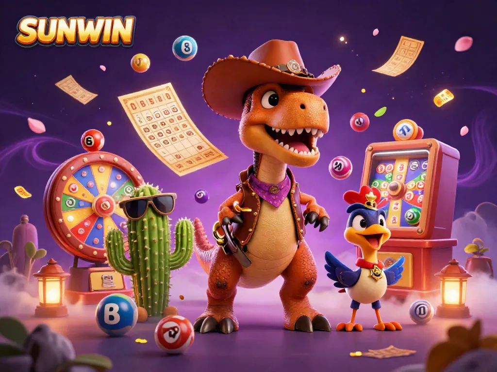Experience thrilling SUNWIN excitement with our animated cowboy dinosaur and festive game elements.
